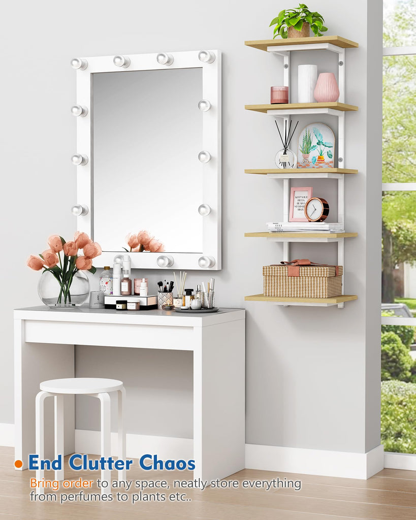 White and Natural Tiered Wall Shelf Unit, 5 Tier Display Floating Shelves, Deep Hanging Wall Shelving Unit Plants TV