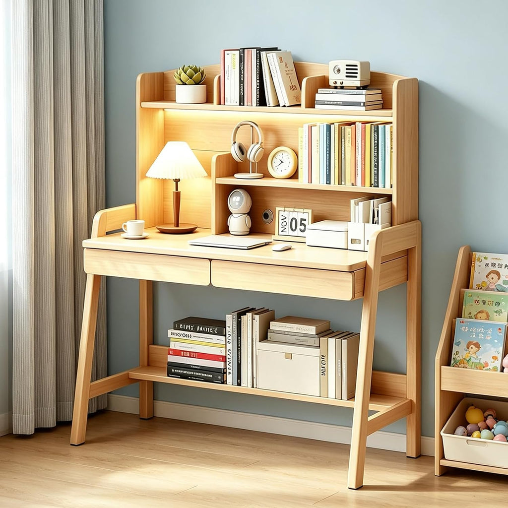 Kids Study Desk with Hutch and Storage Drawers, Level Height Adjustable Children's Writing Table, Solid Wood Kids &