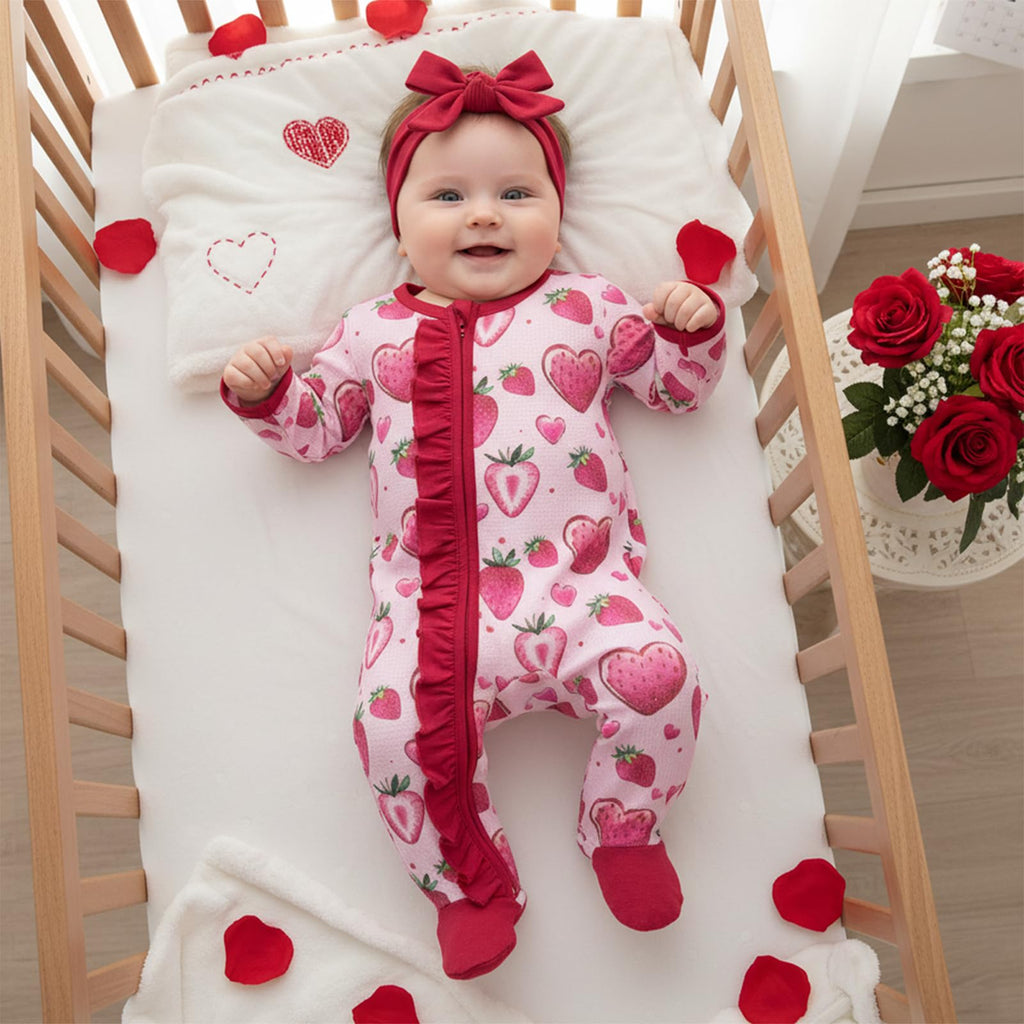 Girl Valentines Outfits Bowknot Long Sleeve Zipper Footie Romper Newborn Jumpsuit Bodysuit Coming Home Outfit (Pink