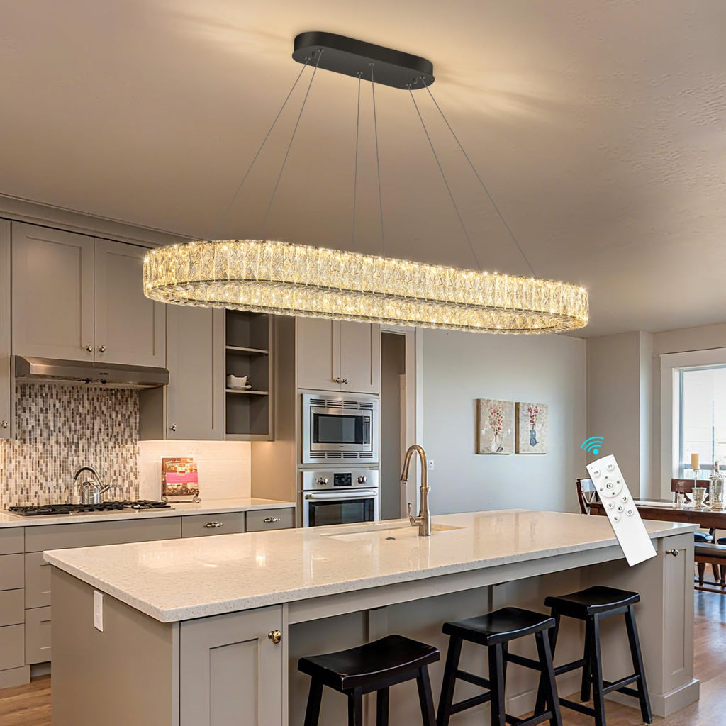 Modern Oval Crystal Chandelier Dimmable LED Chandeliers Rectangular Pendant Light Fixture with Remote Kitchen Island