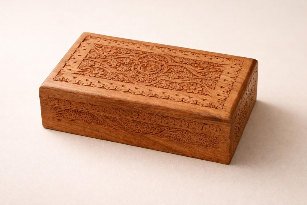 Hand Carved Wooden Memory Box - Decorative Wooden Keepsake Storage Box for Jewelry, Watches, Coins & Trinkets