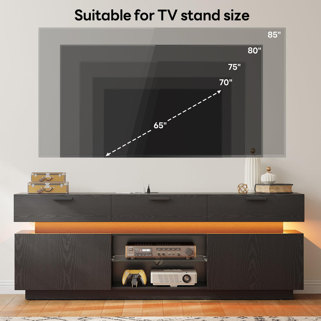 TV Stand for TVs up to 85", LED Lights and Power Outlets, Black