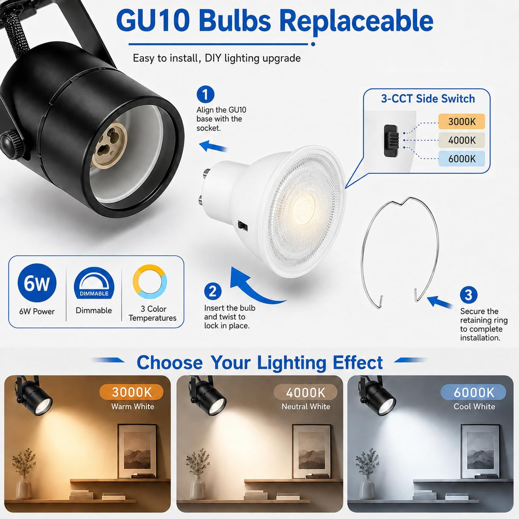 6FT LED Track Lighting Kit with 3-Color GU10 Bulbs, Dimmable 6 Lights Black