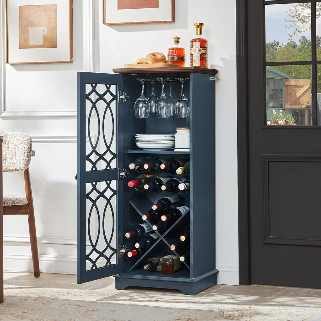 Wine Bar Cabinet with Glass Door, 43" Blue Liquor Cabinet | Wine Rack, Storage Shelf, Thick Base, Elegant Wood Grain