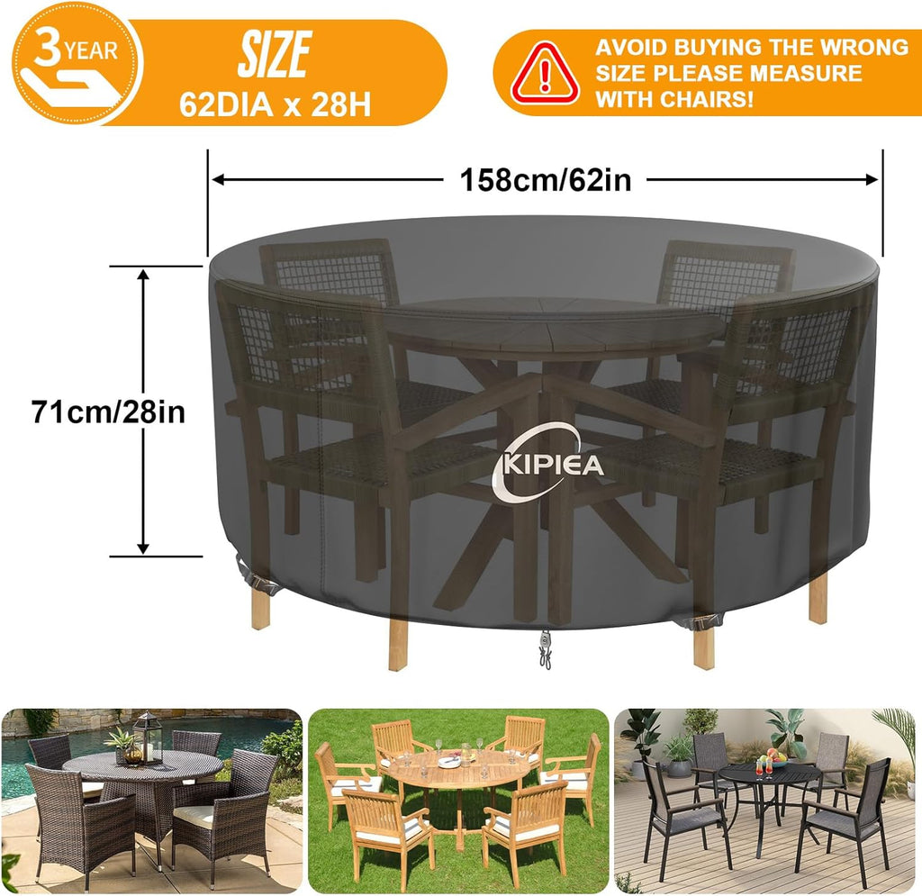 Round Patio Table Cover Waterproof, Heavy-Duty Round Patio Furniture Covers, No Tears Anti UV No Fading (62" Dia x