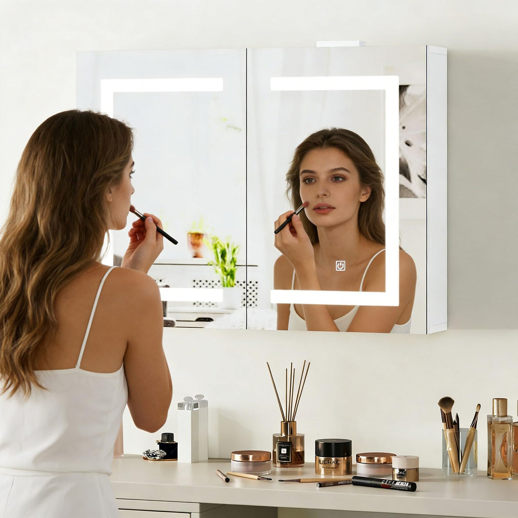 Bathroom Medicine Cabinet with Mirror & LED Lights, Wall Mount Bathroom Mirror with Storage, Built-in Power Outlets
