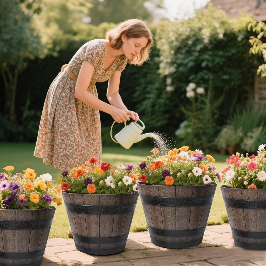 22.25 Inch Whiskey Barrel Planters 2 Pack, Large Plastic Pots Wood Design