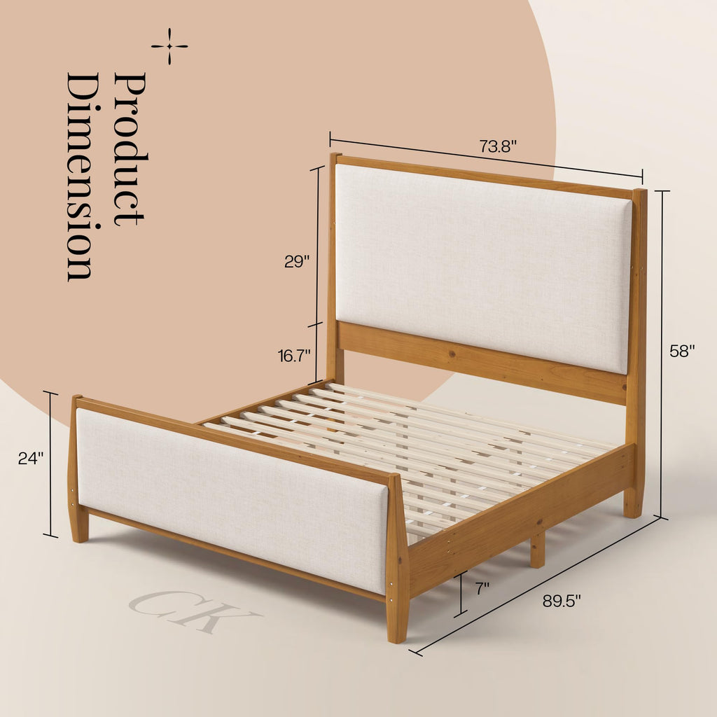 58" Tall Solid Wood California King Size Bed Frame with Upholstered Headboard & Footboard, Wooden Platform Bedframe