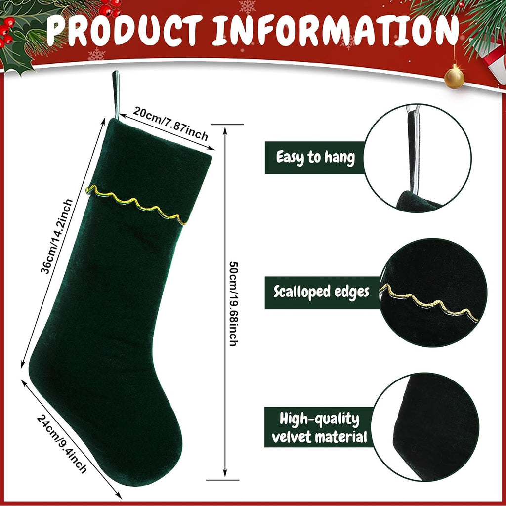 Velvet Christmas Stockings 20 Inch Large Green Xmas Stockings with Scalloped Gold Edge Hanging Soft Velvet - Set of 4