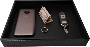 Valet Tray, Desk Tray, Key Bowl, Nightstand Organizer for Men, Black PU Leather, 10.3 x 8.3 x 1.6 inches