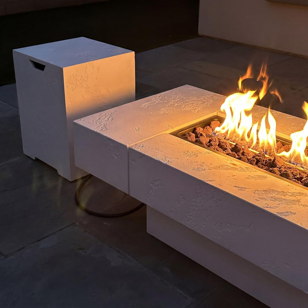 71.5-inch Outdoor Fire Pit Table, 60000 BTU Heat, Zinc-Aluminum, Propane Tank Cabinet, Wind Guard, Distressed Wood