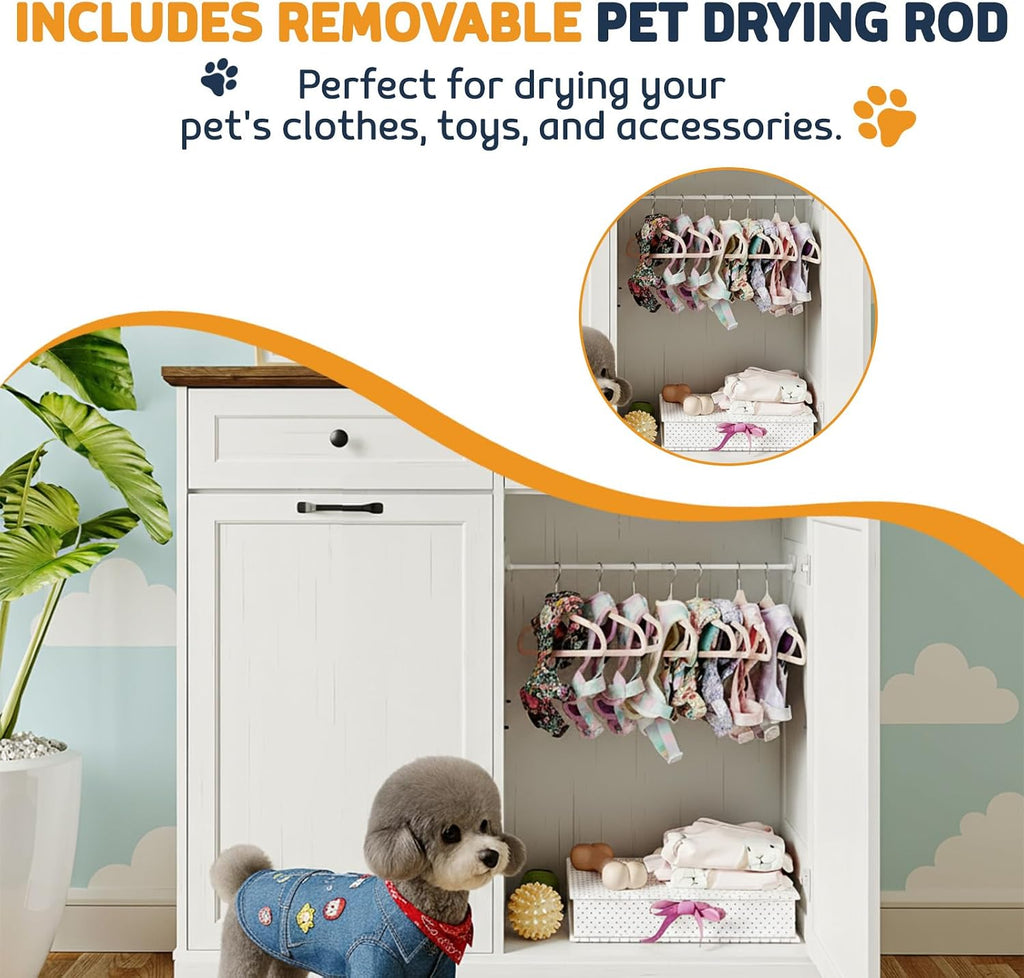 Double Tilt Out Trash Can Cabinet with Dog Bowl, 10 Gallons Dog Food Storage Cabinet, Hidden Trash Can Cabinet