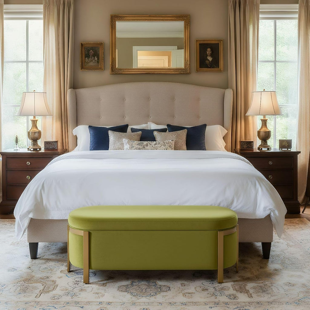 48" Velvet Storage Bench with Gold Legs, Olive Green | End of Bed Ottoman Bench with Hidden Storage