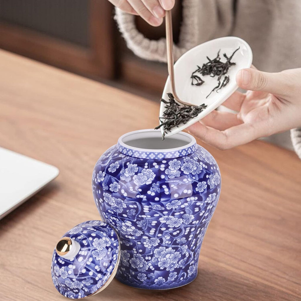Chinese Ginger Jar with Lid Chinoiserie Antique Style,Home Decorative Retro Blue and White Porcelain Flowers Ceramic - Set of 4