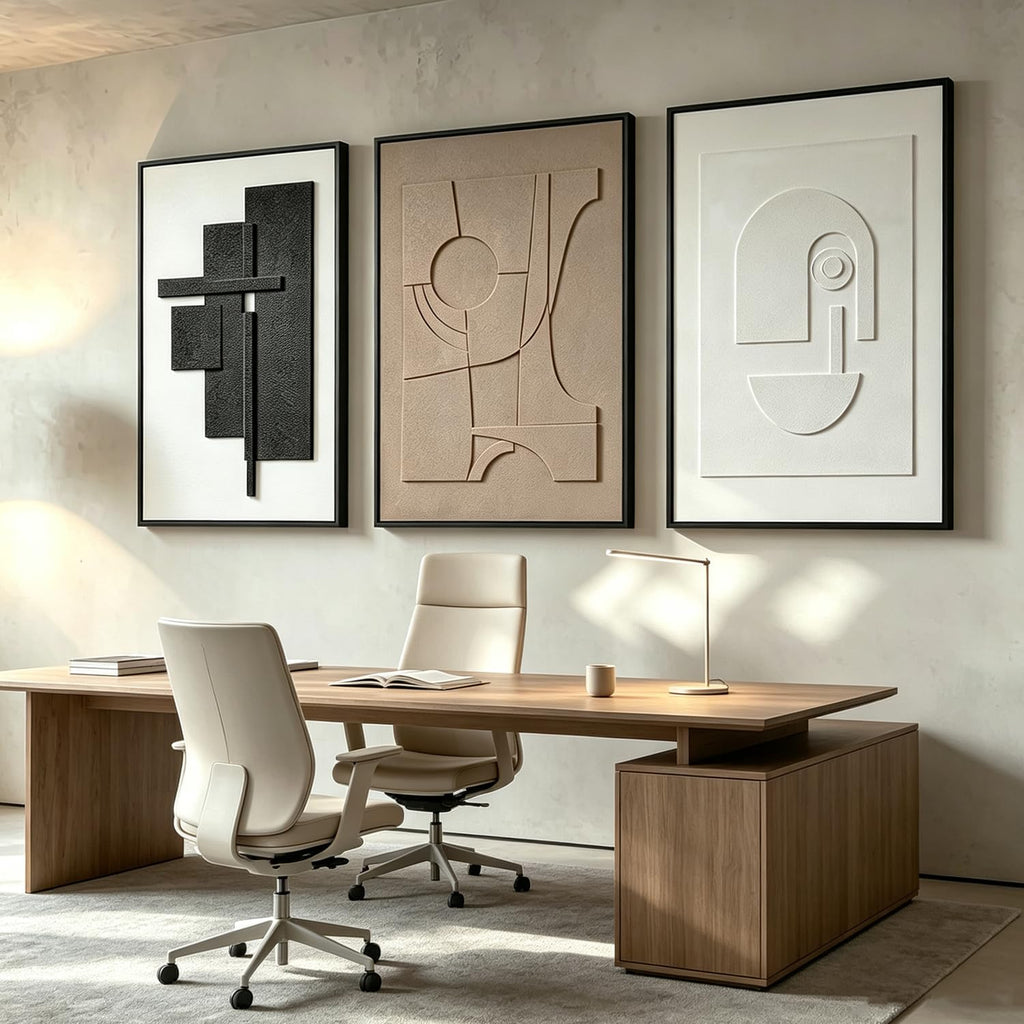 3 Piece Framed Abstract Wall Art, 24x36 Inch Large 3D Sandstone Textured Wall Decor, Black White Brown Geometric