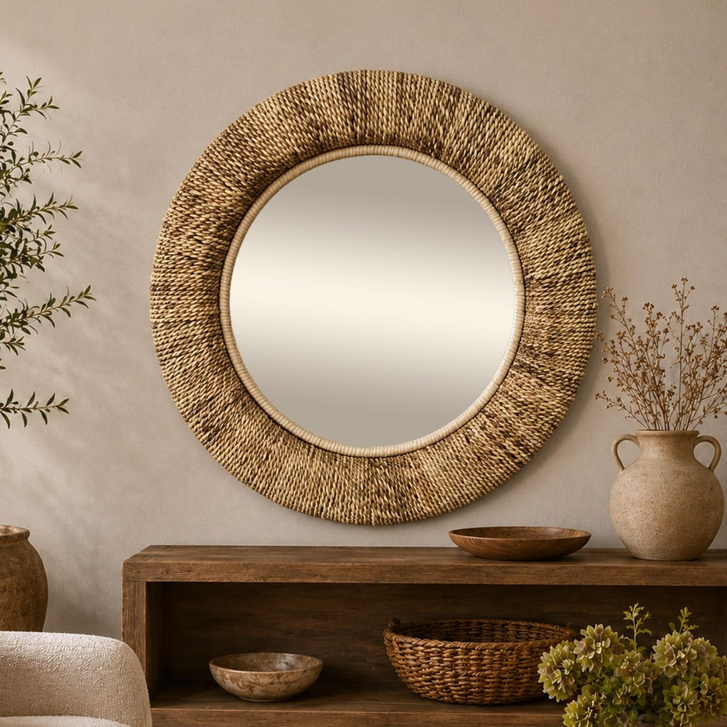 Rattan Room Wall Mirror Coiled Weaved Frame Entryway Mirror, Wall Mounted Mirror 35" x 3" x 35", Brown