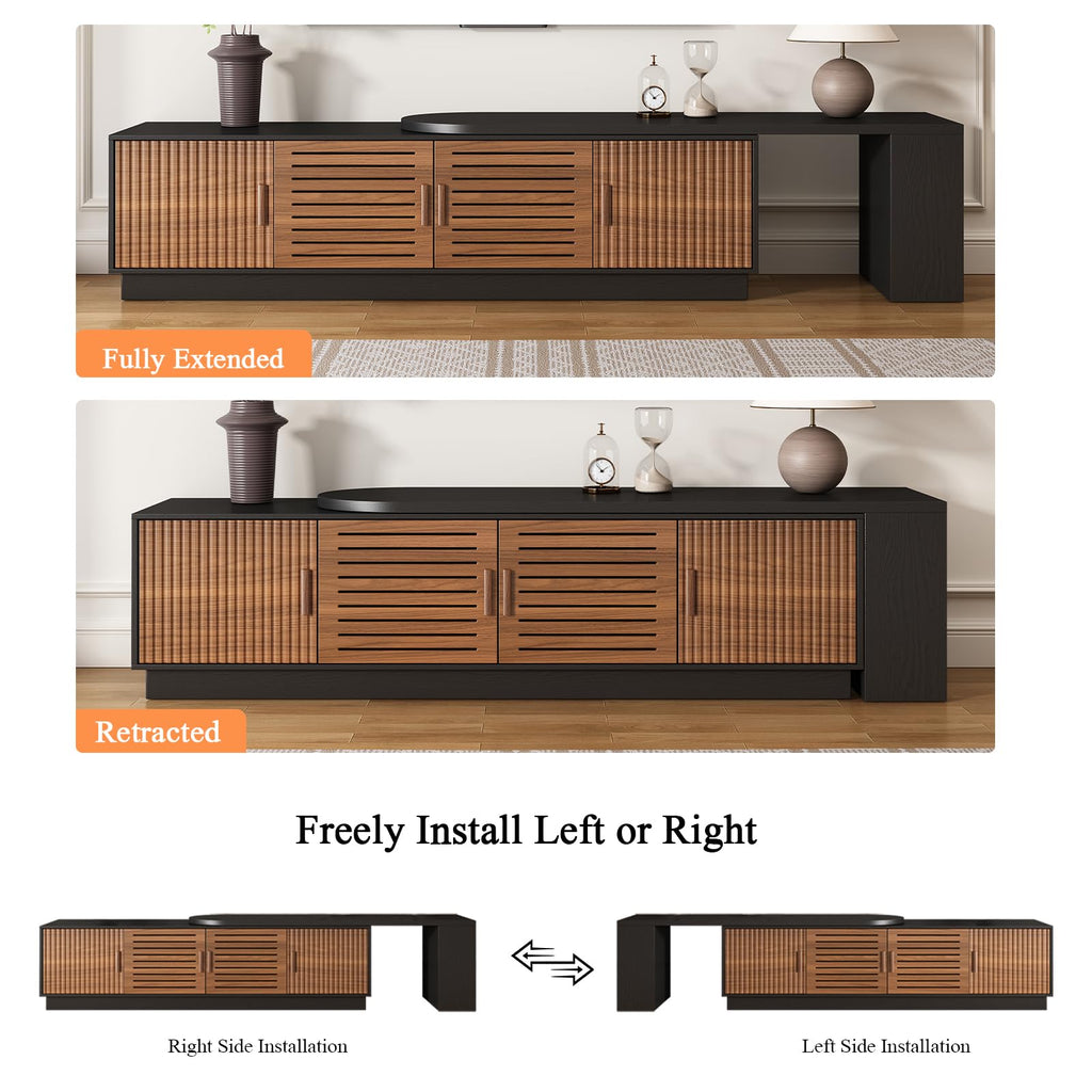 70.1"-100" Mid Century Modern TV Stand for 85" 90" 100" TVs, Extendable TV Stand with 4 Storage Cabinets, Adjustable