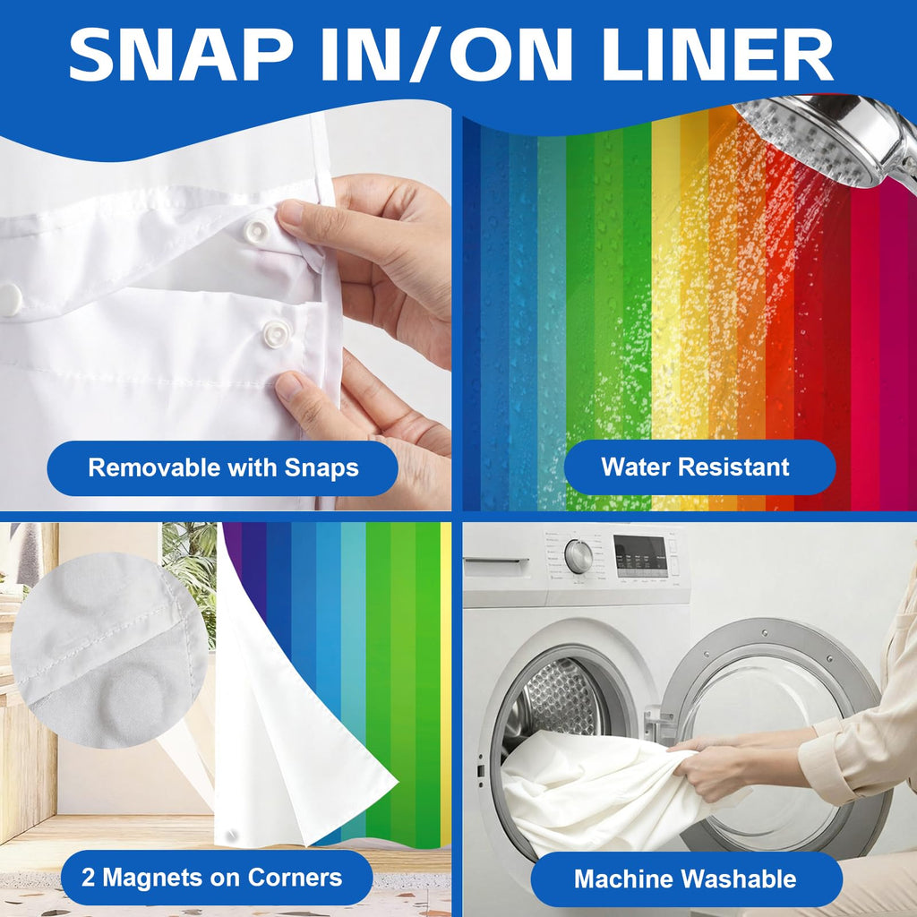 Rainbow Stripe Waffle Shower Curtains No Hooks Waffle Colorful Striped Shower Curtain Set with Snap in Liner Double