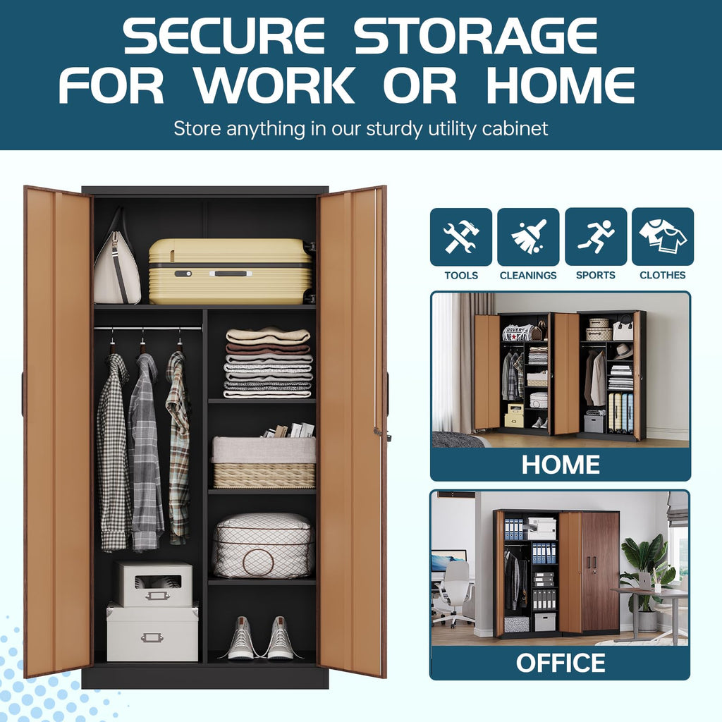 Metal Wardrobe Cabinet with Locking Doors, Metal Storage Armoire Closet for Clothing, 2 Door Woodgrain Locker Cabinet