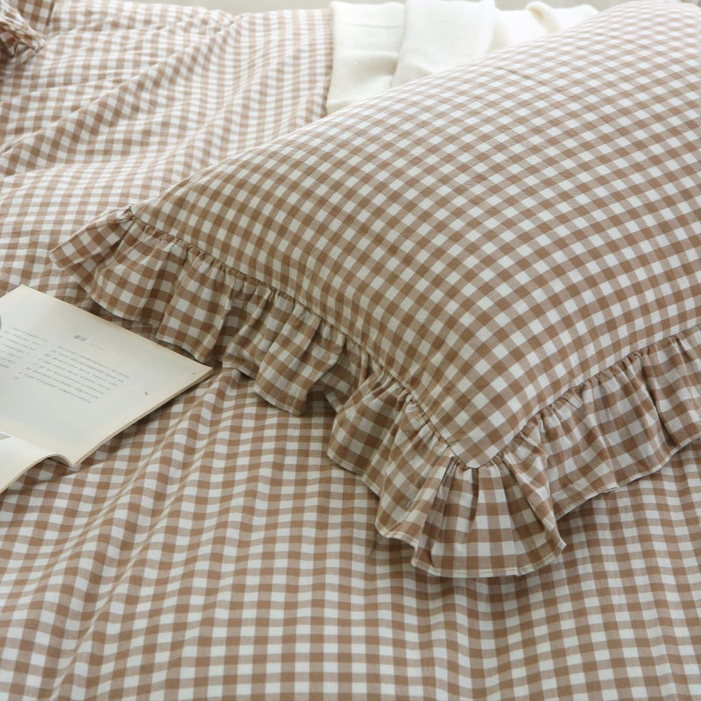 Taupe/White Plaid Ruffle Duvet Cover Queen,100% Washed Cotton 3 Pcs Vintage Checkered Chic Gingham Bedding Set