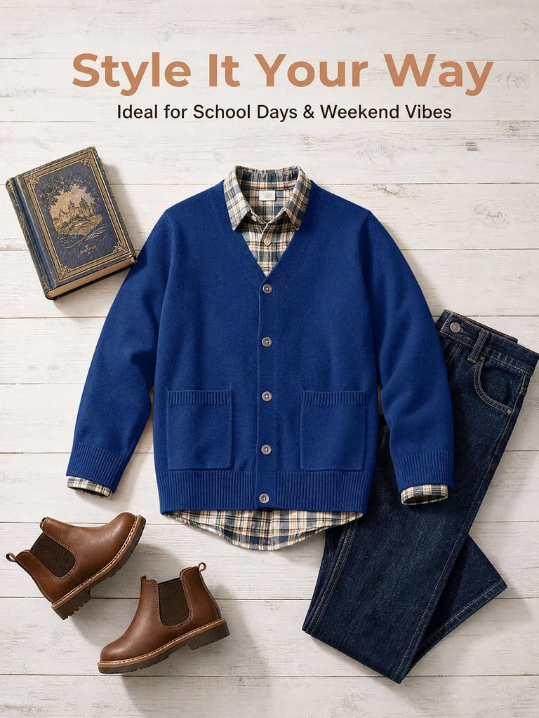 Boys Cardigan Sweater V Neck Button Down Uniform Sweater