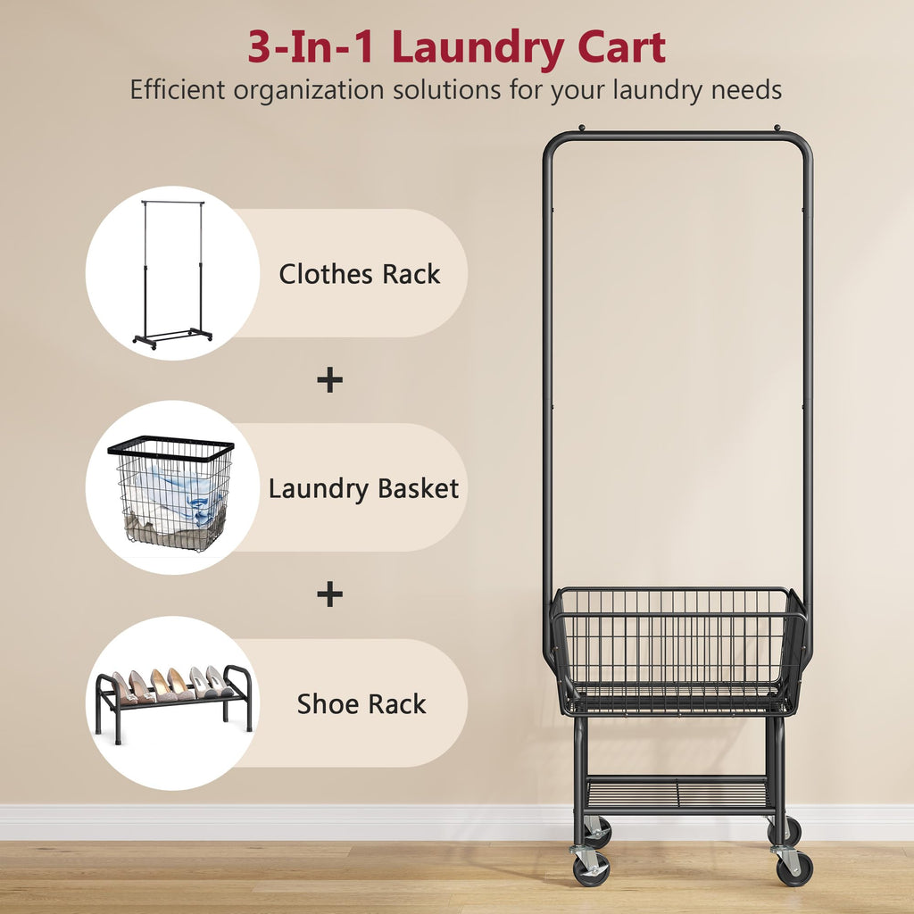 Rolling Laundry Cart with Hanging Rack & Laundry Basket, Black