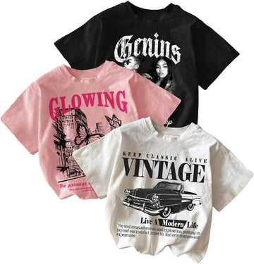 Girl's 3 Packs T Shirts Set Letter Graphic Tees Summer Tee Shirt