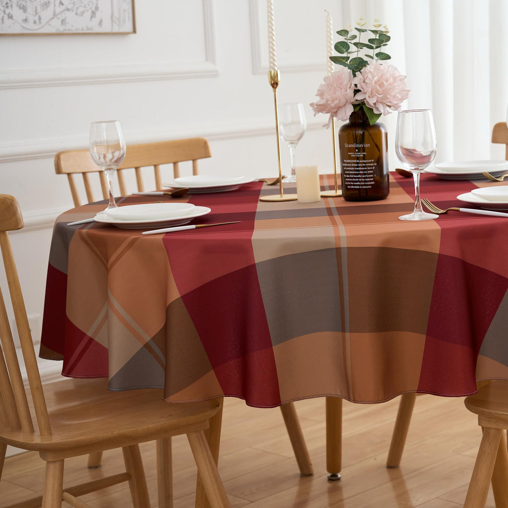 Round Tablecloth 70 Inches Red Brown Buffalo Plaid Winter Table Cloth - Polyester Checkered Gingham Christmas Table
