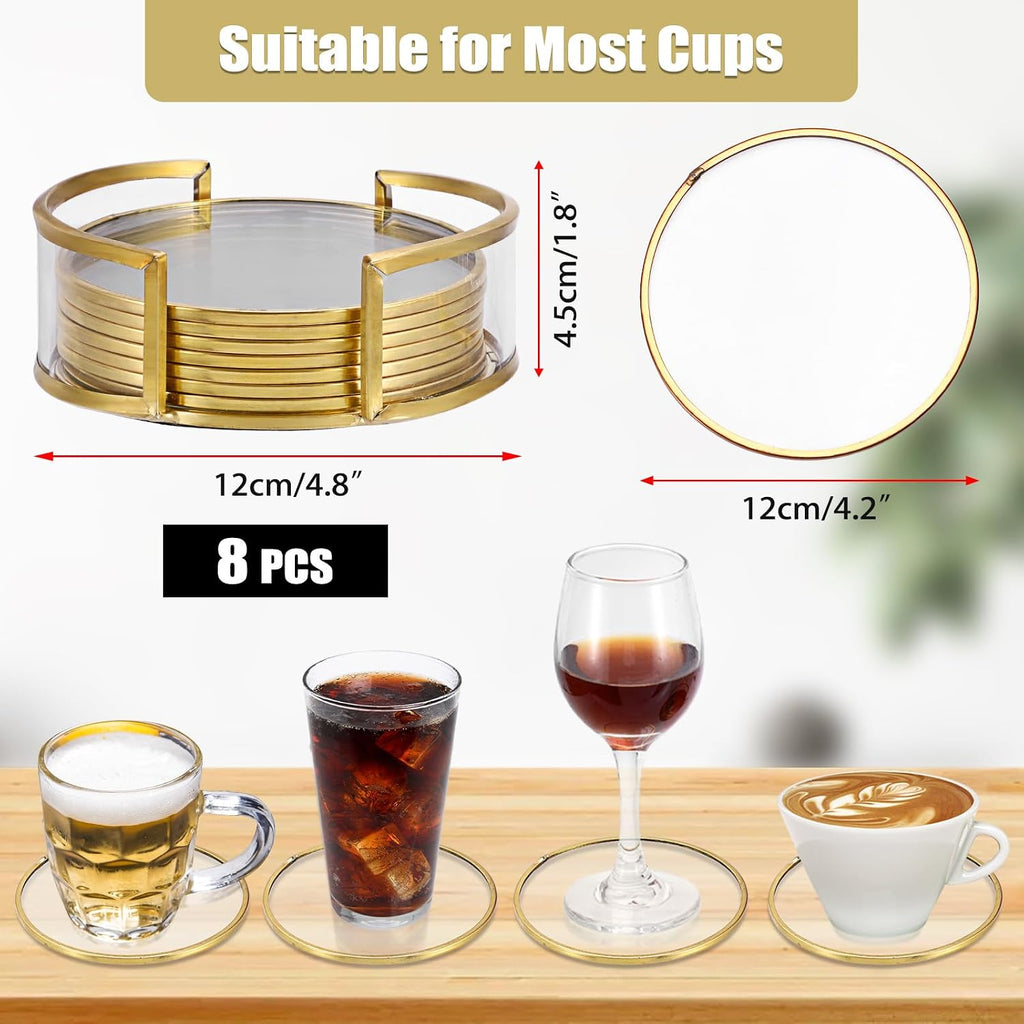 Glass Coaster Drink Coasters with Holder, Gold Brass-Coated - Set of 8