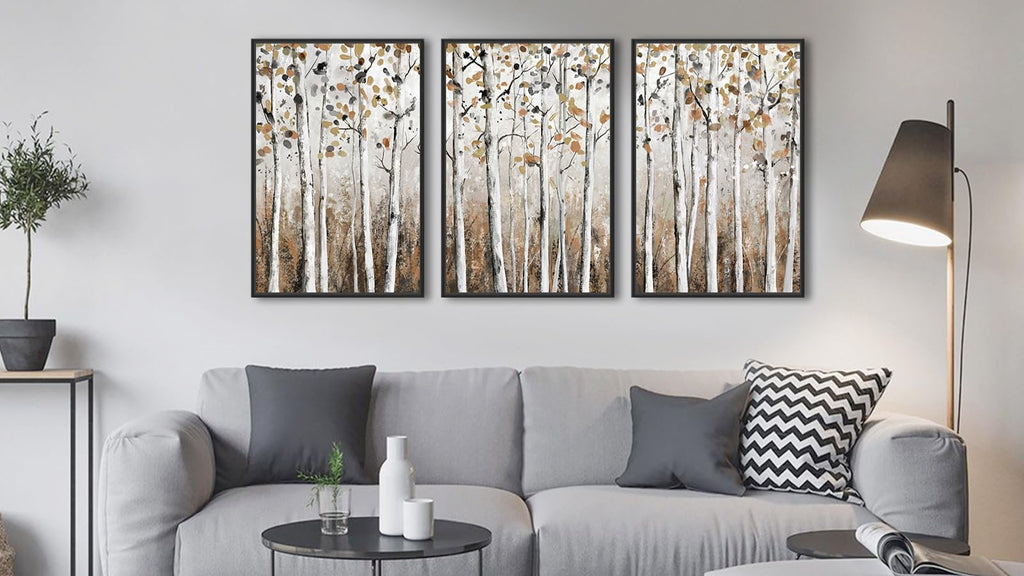 Large Framed Tree Wall Art, Abstract Birch Forest Decor, 20"x28" Set of 3