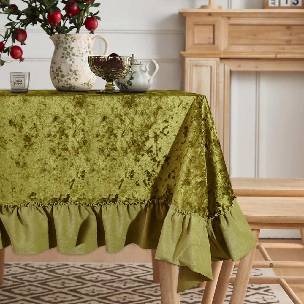 Velvet Ruffle Tablecloth, Rectangle Vintage Farmhouse Pleated Tablecloth for Party Wedding Baby Kitchen Table Decor