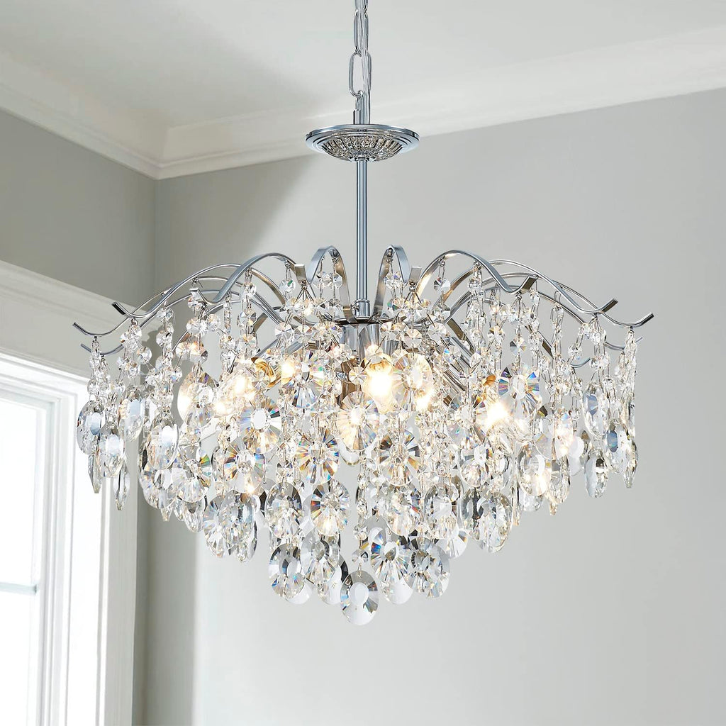 Modern K9 Crystal Chandeliers, Middle Century Modern Design Chandelier Light Fixture for Dining Room, D20 x H17, Adjustable Chains 59", Chrome Finish Metal Frame A100-B0C1JFW25P