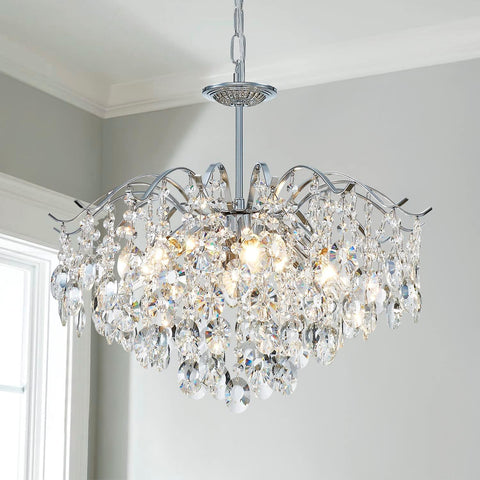 Modern K9 Crystal Chandeliers, Middle Century Modern Design Chandelier Light Fixture for Dining Room, D20 x H17, Adjustable Chains 59", Chrome Finish Metal Frame A100-B0C1JFW25P