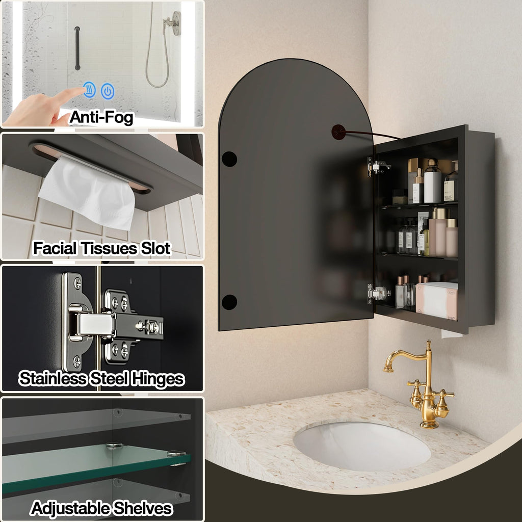 Arched Medicine Cabinet with LED Lights, Lighted Bathroom Medicine Cabinet Mirror with Anti-Fog, No Assembly