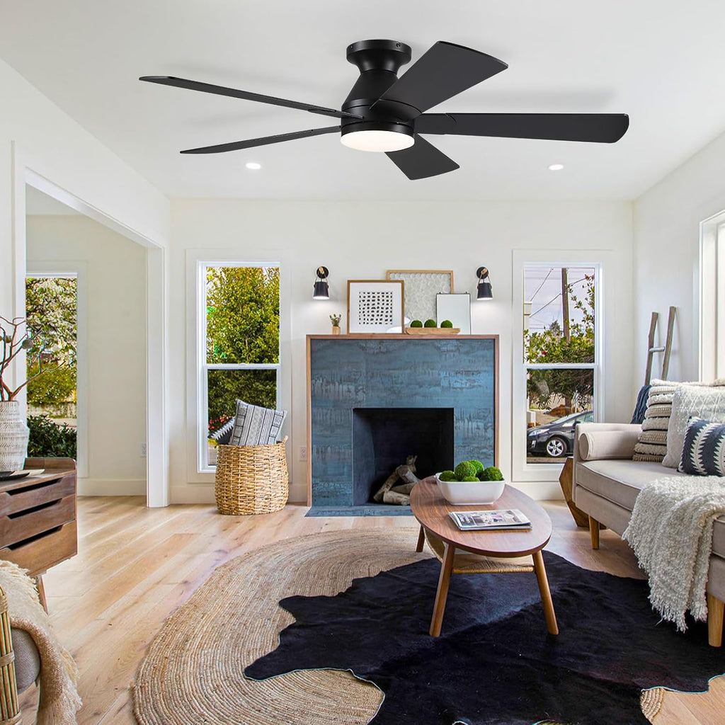 Black Ceiling Fans with Lights - 52In Flush Mount Ceiling Fan Light with Remote, 3CCT Dimmable and 6 Wind Speeds, Modern Low Profile Fan Light for Indoor Bedroom, Covered Outdoor A101-B0DTD3YZKT