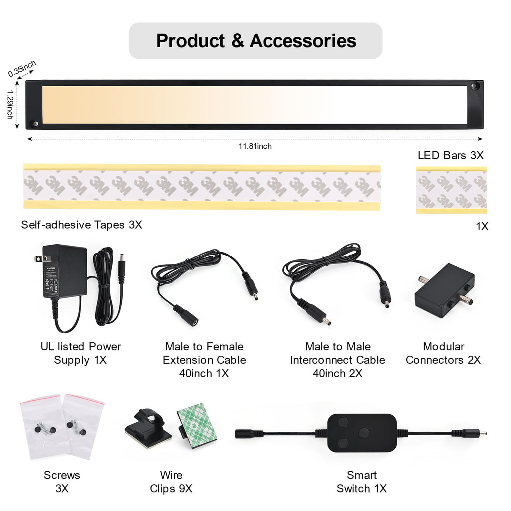 3pack 12inch Dimmable LED Under Cabinet Light Kit, 2700K to 6000K Smart LED Under Counter Lighting Fixture