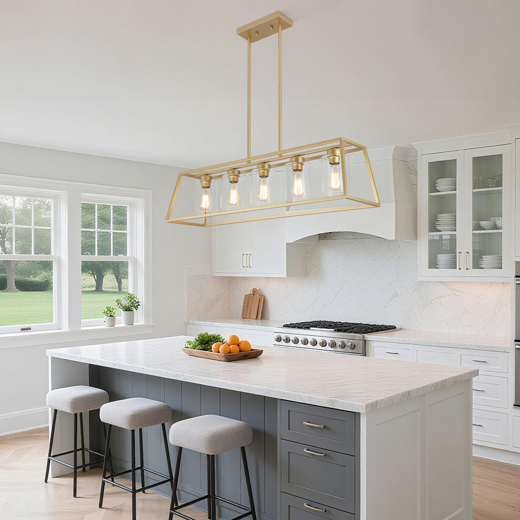 Gold Rectangle Chandeliers Light fixture Over Table
