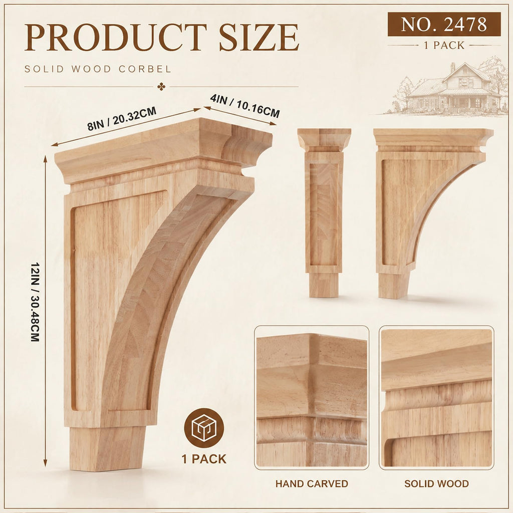 4" x 8" x 12" Wood Corbels, Decorative Wooden Shelf Brackets