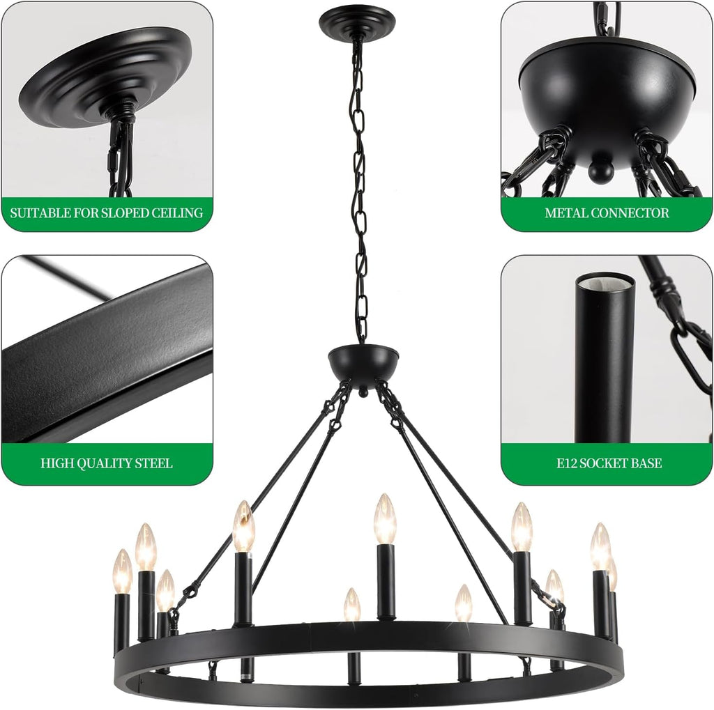 Inspired Camino Style Chandelier - Wagon Wheel Chandelier 32" 12-Light, Round Black Chandeliers Farmhouse Modern Wagon Wheel Light Fixtures, for High Ceiling Dining Living Room, Foyer, Entryway A105-B0CGZQSZV1