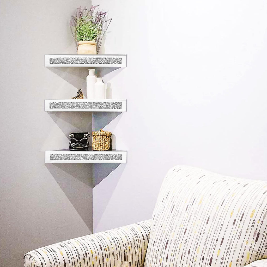 Corner Floating Shelves 2 Sets, Corner Shelf Wall Mounted Crushed Diamond, Corner Shelves Crystal Mirrored, Floating