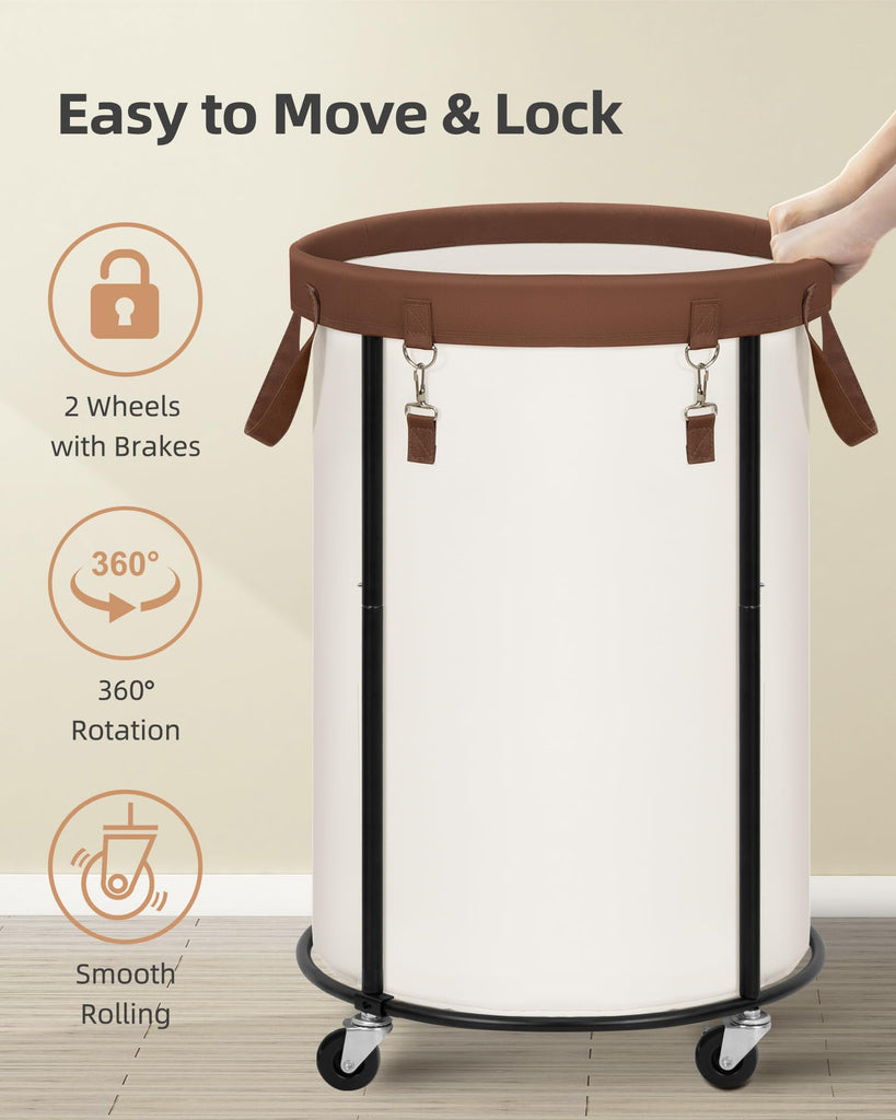 Rolling Laundry Hamper with Wheels 110L Laundry Basket, Round Laundry Cart with Metal Frame and Removable Bag