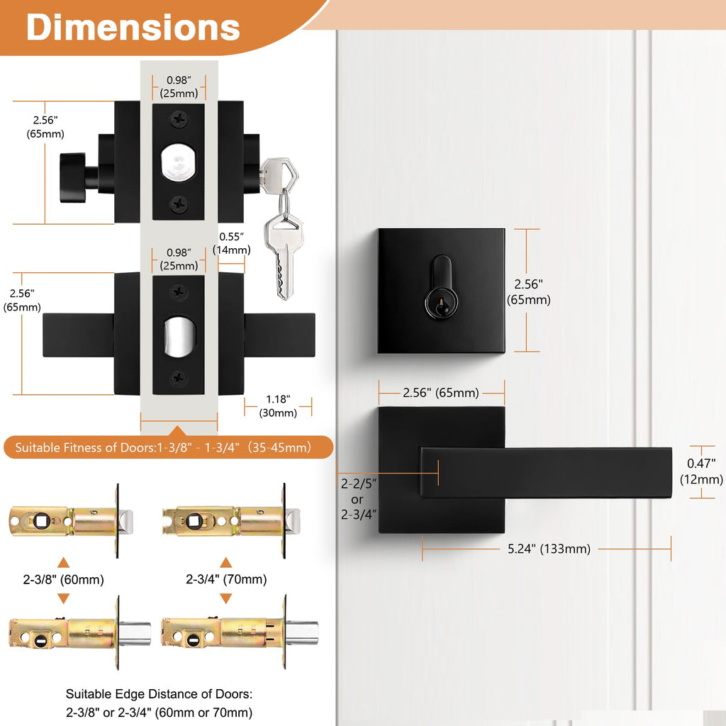 Flat Black Passage Door Lever with Single Cylinder Deadbolts Combo Pack, Modern Square Lock Set Handleset,Exterior