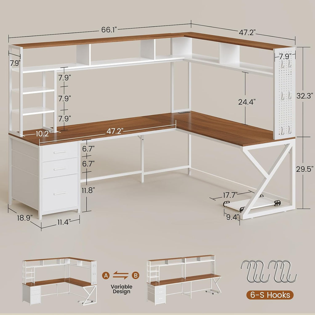 L Shaped Gaming Desk with Storage Drawers and Hutch, Convertible 94.5" Computer Desk with Drawers, Corner Computer
