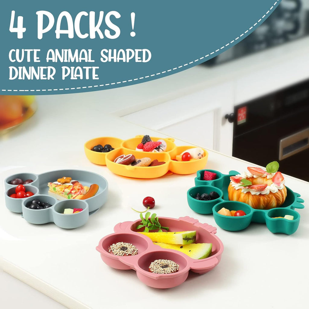 4 Pcs Silicone Baby Plates Toddler Suction Plates Divided Baby Dishes Cute Animal Kids Plates for Toddlers Baby