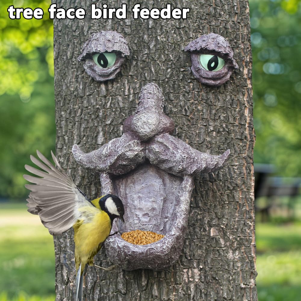 Tree Face Decors Wild Bird Feeders, Whimsical Big Eyes Old Man Face for Tree Hugger Yard Art Outdoor Garden Sculptures
