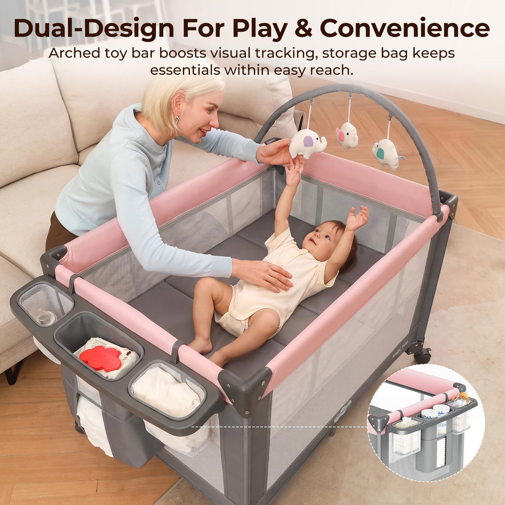 Play Yard - Travel Crib with Mattress, Easy Setup Small Portable Playpen for Babies, Lightweight Foldable Baby