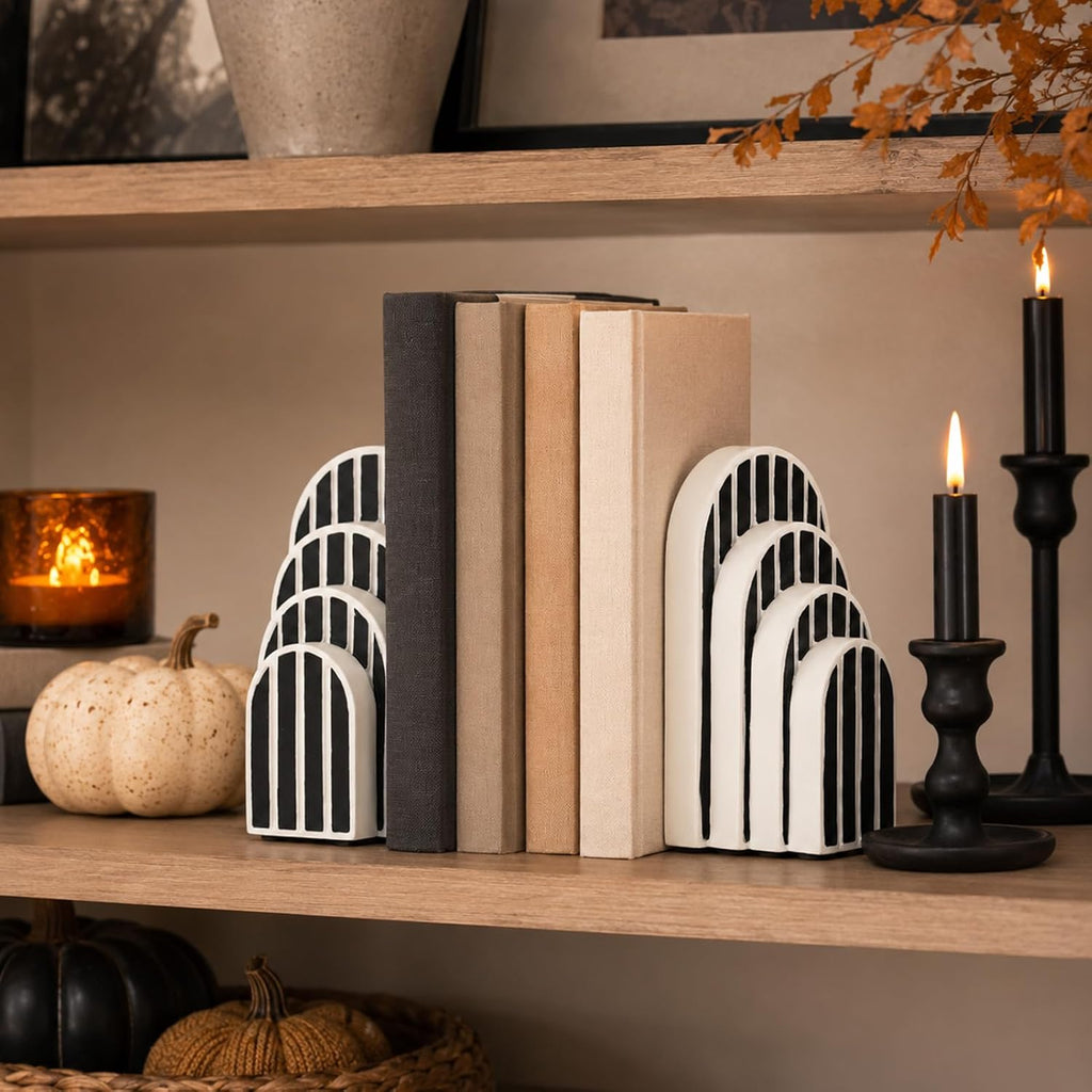 Modern Striped Arch Bookends Set of 2 Resin Black White Geometric Shelf | Stylish modern striped arch bookends