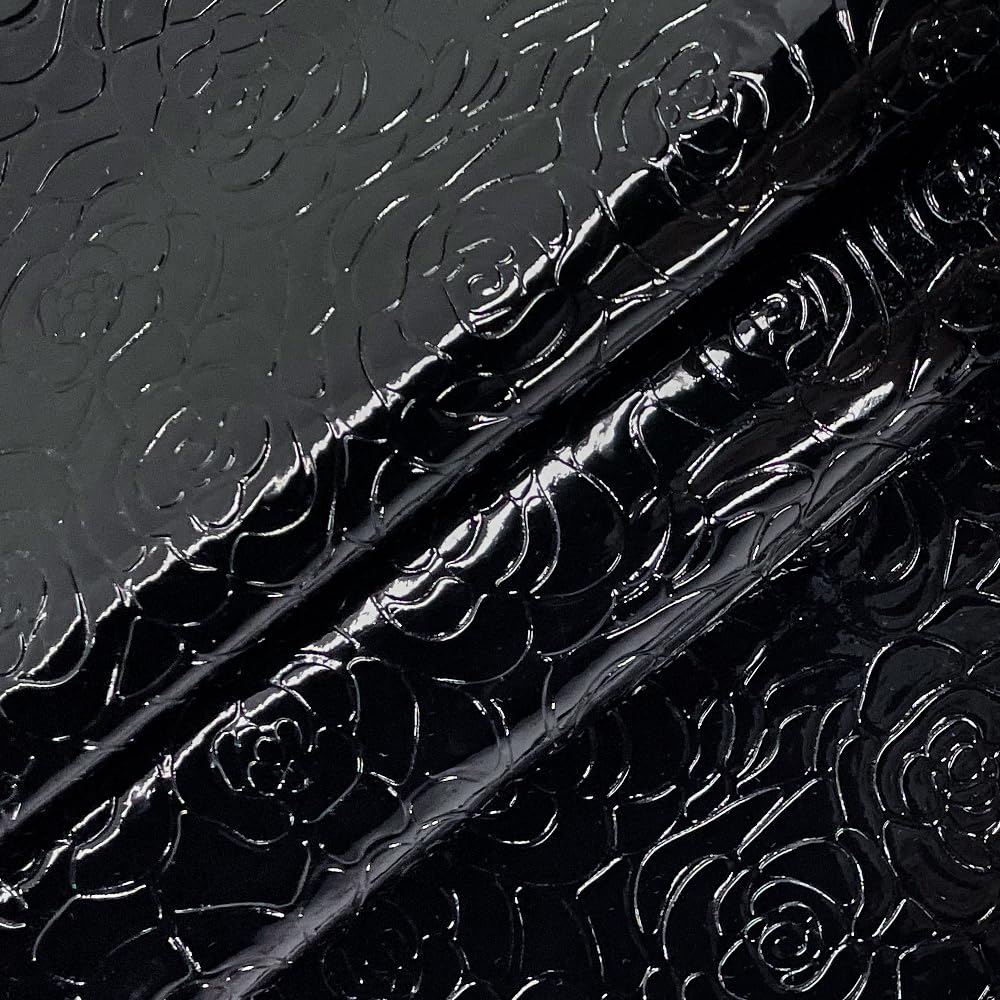 Glossy Mirrored Embossed Faux Leather-12×54" Solid Floral Synthetic Vinyl Fabric for Bows Keychains Crafts-Black