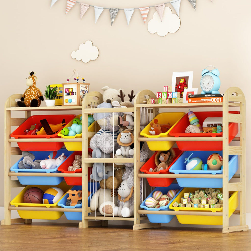 Toy Storage Organizer with Stuffed Animal Storage, 66.1"W Multi Color, 2-Shelf Bookcase / Bookshelf with 12 Toy Bins