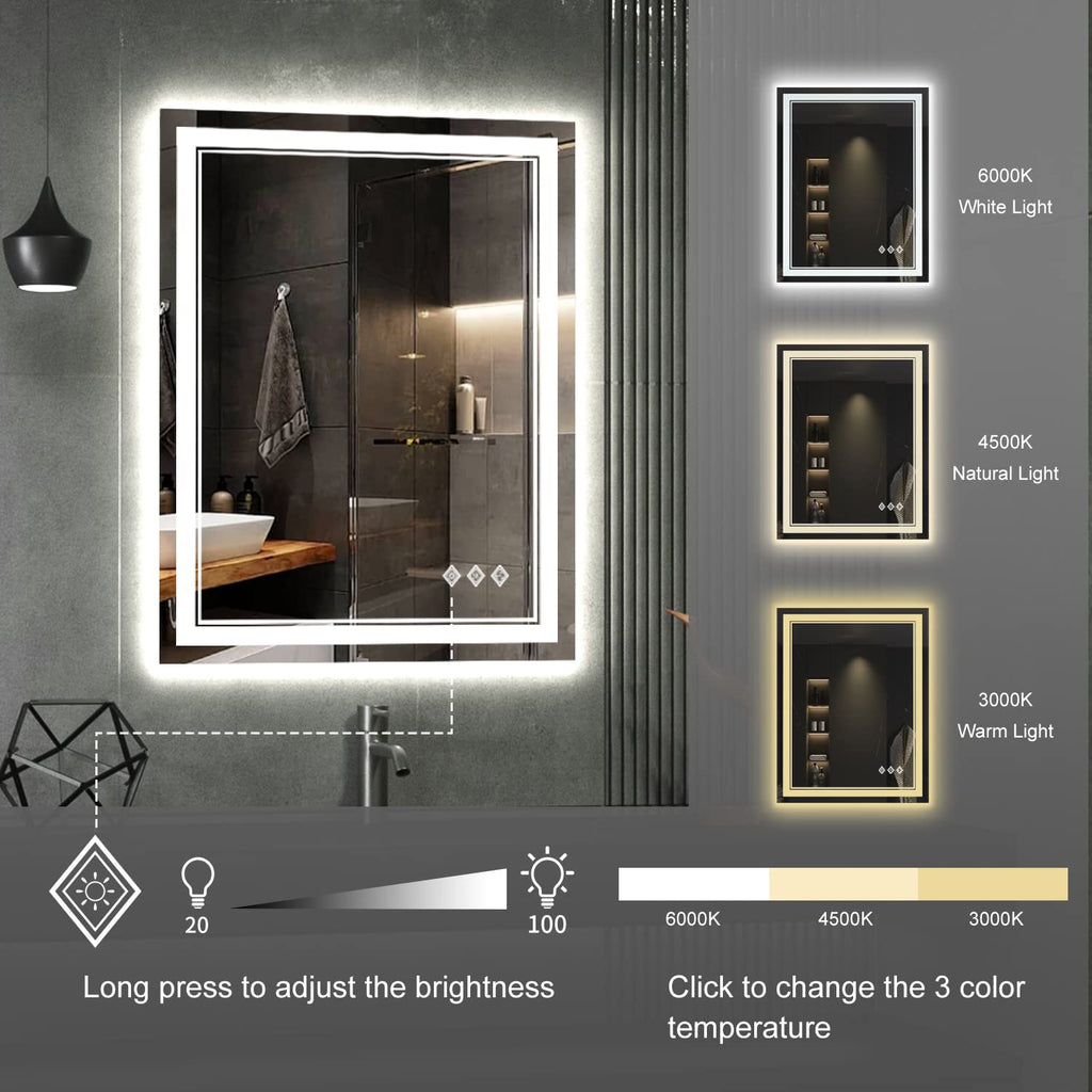 LED Bathroom Mirror, 24x32 Inch Vanity Mirror with Lights, Gradient Front and Backlit Bathroom Mirror with Lights, 3